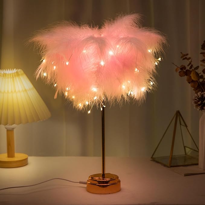 BDUSXYZ Pink Feather Lamp - LED Atmosphere Feather Night Lights Bedside Lamps for Mother, Girlfriend Home Girl Room Wedding Decoration