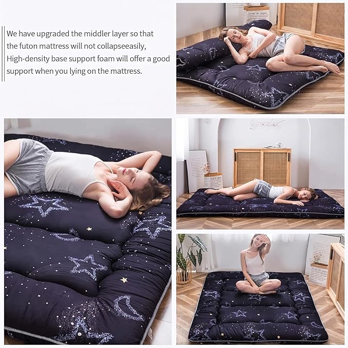 MAXYOYO Japanese Futon Mattress Floor Mattress Sleeping Pad Foldable Mat Roll Up Camping Cushion Floor Lounger Couches and Sofas Couch Topper, Moon and Star, Queen Size