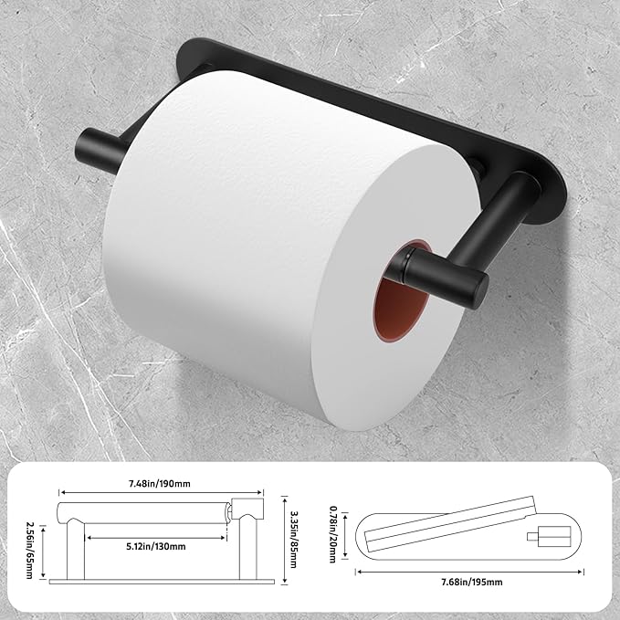 Matte Black Toilet Paper Holder Wall Mount - Double Post Pivoting Bathroom Tissue Holder, 304 Stainless Steel Rustproof - Adhesive or Screw in Wall Toilet Paper Roll Holder, Commercial & Home Use