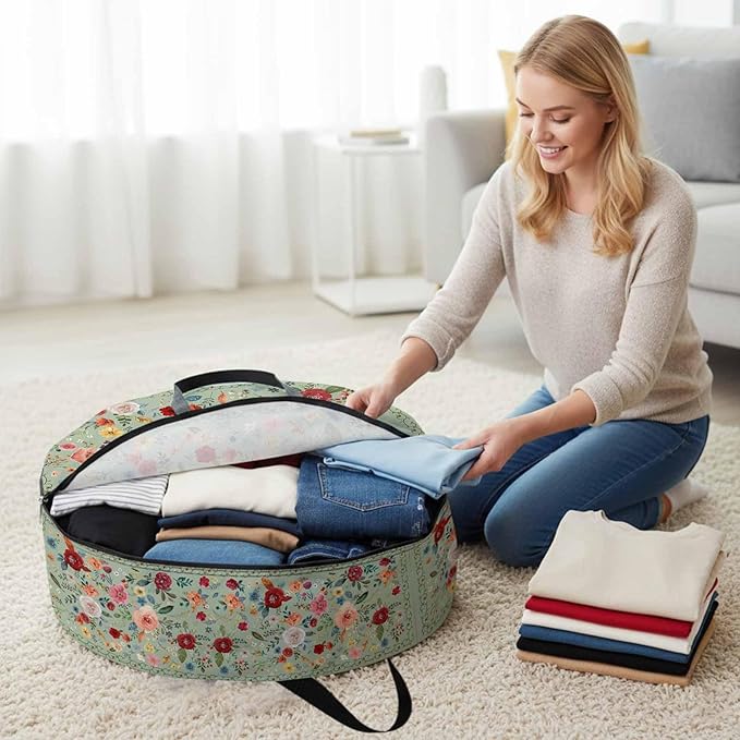 Storage Bag Sage Green Floral Round Storage Totes Bins Closet Organizers with Zippers & Handle Farmhouse Vintage Flower Clothes Storage Container for Bedroom Dorm Space Saving Packing Supplies Bags
