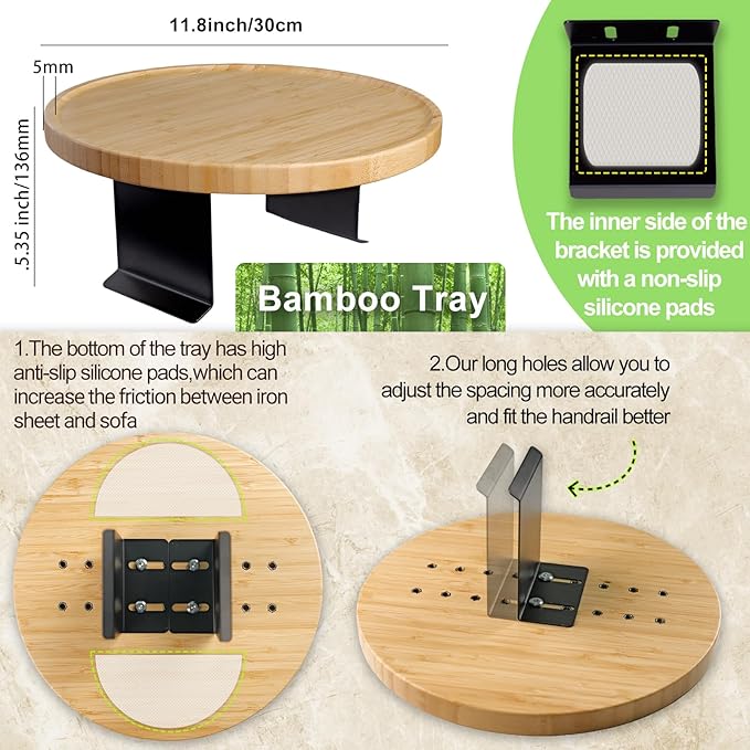 Bamboo Couch Arm Tray,12'' Space Adjustable Sofa Arm Table,Round Chair Arm Table Sofa Armrest Tray for Thin & Wide Couches Arm,Snack Armchair Couch Caddy