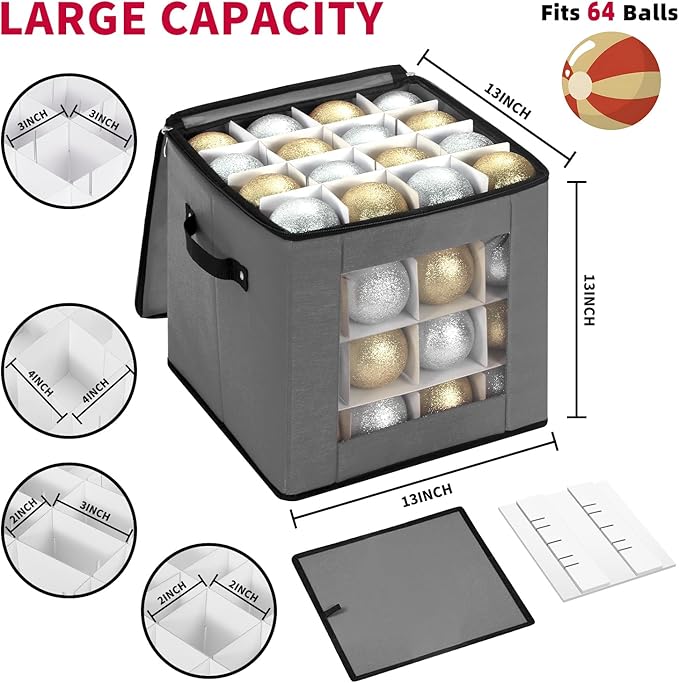 DIMESHY Christmas Ornament Storage Box With Adjustable Dividers,Ornament Storage Container with Two Handles for 64Holiday Decorations,Gray