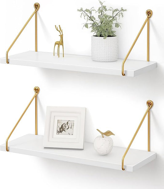 Afuly Floating Shelves for Wall, Metallic Gold White Wall Mounted Shelves, Shelves for Bathroom Kitchen Bedroom Solid Wood Metal Chic Bookshelf, Set of 2