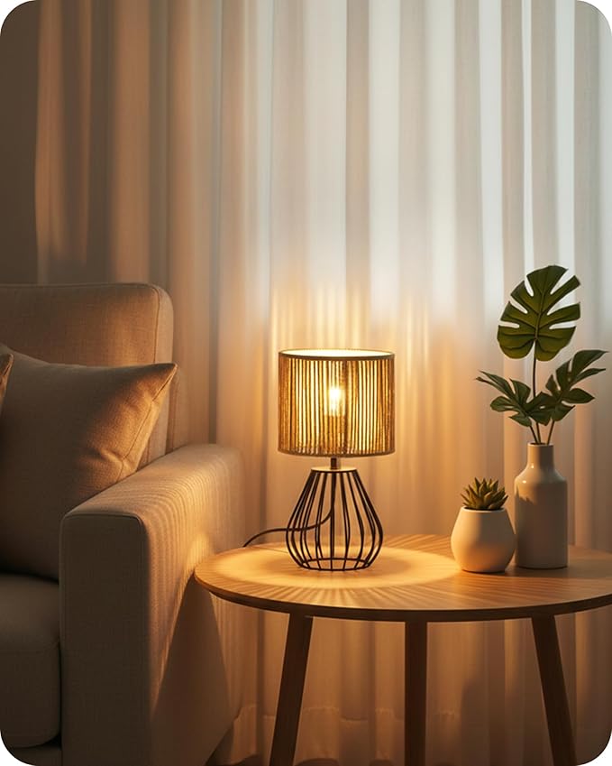 Rattan Table Lamp, Boho Table Lamp, Small Bedside Lamp, Handwoven Paper Lampshade, 2700K LED Bulb Included, Boho Desk Lamp, Modern Nightstand Lamp for Bedroom, Living Room, Striped SW06TL05