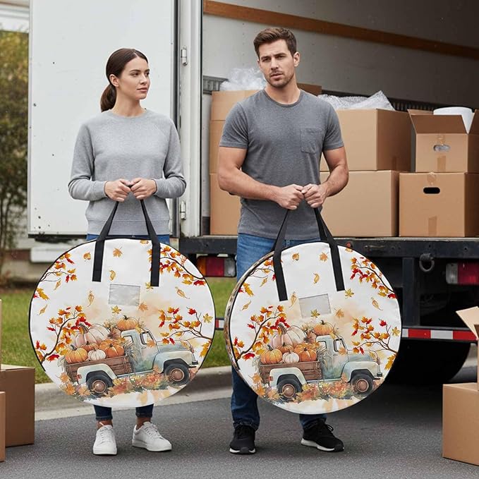 Thanksgiving Pumpkin Round Storage Bag 24 Inch, Truck Fall Maple Leaves Clothes Storage Container with Handles Heavy Duty Organizer for Comforter, Bedding & Holiday Wreaths