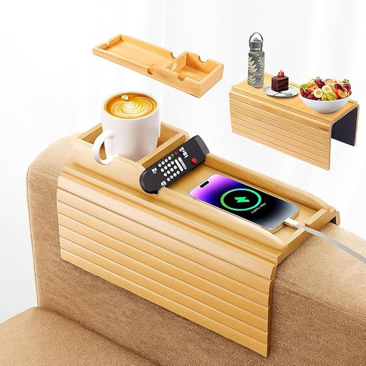 Adjustable 2-in-1 Sofa Cup Holder Tray (Fits 4.5” to 14” Arms) - Foldable Bamboo Couch Caddy with Cup Holder Drink Organizer - Detachable Armchair Caddy with Sofa Arm Tray for Phone Remote Snack.
