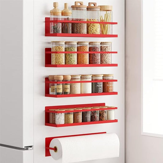 Magnetic Spice Rack For Refrigerator, Space Saving Magnetic Shelf For Fridge Red 4 Pack With Magnetic Paper Towel Holder