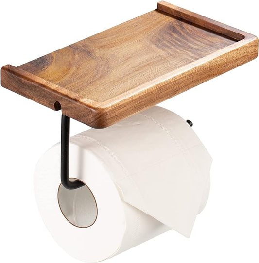 Yangbaga Toilet Paper Holder with Shelf: Wall Mount Bathroom Tissue Roll Storage with Adhesive& Screw, Matte Black Aluminum Alloy Bathroom Accessories Wood Shelf for Phone Wipes