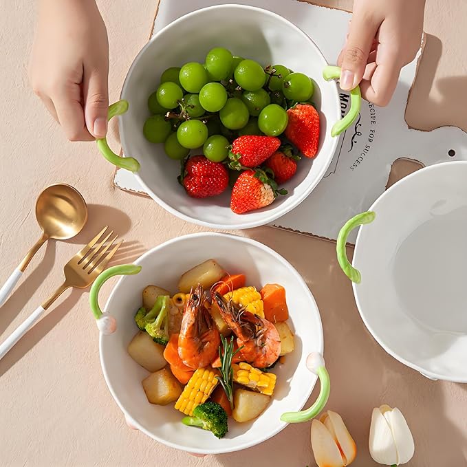 Ceramic Fruit Bowl with Handles, 3D Hand-Painted Lily of the Valley Floral Design Serving Bowl for Soup, Pasta, Salad and Snacks, 24oz, Microwave & Dishwasher Safe