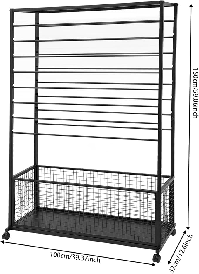 16 Tier Ribbon Holder Organizer Rack, Metal Double-Sided Ribbon Spool Storage Shelf with Wheels, Rolling Flower Wrapping Paper Storage Stand for Craft Room Flower Shop Gift Wrapping(Wider, Black)