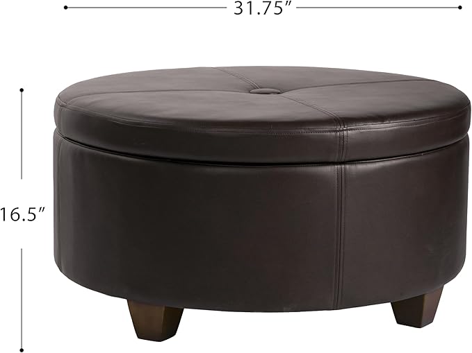 Homepop Home Decor | Upholstered Faux Leather Large Tufted Round Storage Ottoman | Button Top Ottoman with Storage for Living Room & Bedroom | Decorative Home Furniture, Vintage Brown Faux Leather