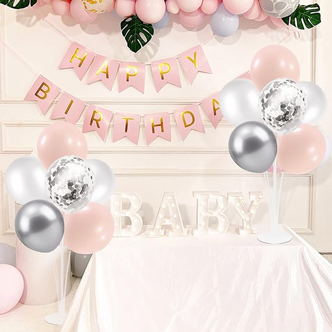 ZJDHPTY Pink and Silver Balloon Stand Centerpiece Table Decorations for Baby Shower Wedding Engagement Bridal Shower Anniversary Mother's Day Birthday Party Decorations(Pink silver set4)