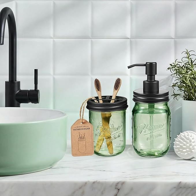 SheeChung Mason Jar Toothbrush Holder, Green Glass Toothbrush Holder for Bathroom Countertop Organizer, Stainless Steel Lid, Electric Toothbrush Toothpaste Holder Storage, Black Bathroom Accessories