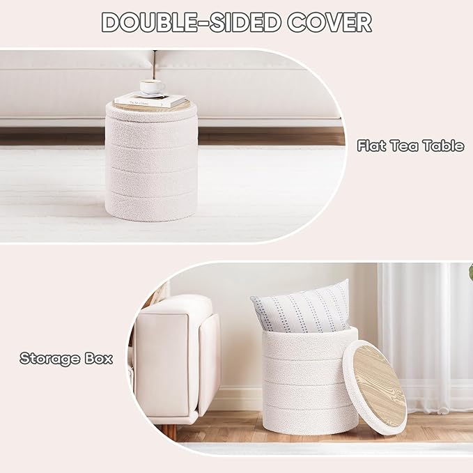 PINPLUS Round Storage Ottoman Foot Rest Stool with Tray Velvet Sherpa Folding Storage Ottoman,Boucle Foot Rest for Living Room, Bedroom, Dorm（White）