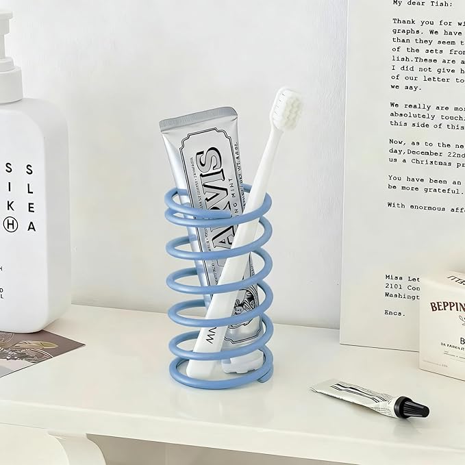 Spring Toothbrush Holder, Stainless Steel Spring Shaped Desktop Toothbrush Holder, Multifunctional Pen Holder Makeup Brush Toothbrush Storage for Bathroom Tabletop Dressing Table and Sink (Blue)