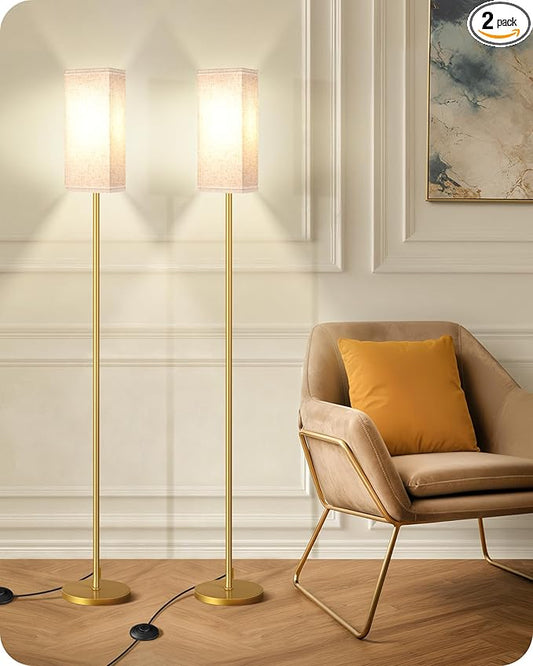 2Pack Floor Lamp, Pole with Foot Switch, Modern Standing Lamp Lampshade, Minimalist Freestanding Lamp (Bulb Not Included), for Living Room,Bedroom,Office,ETL Listed,Gold and Beige DE07LDP205