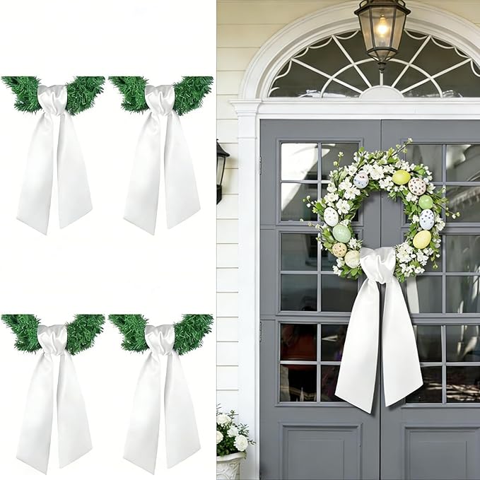 Dream Loom Wreath Sash for Front Door, 4pcs White Wreath Sash Holiday Baby Shower Wreath Accessories for Home Birthday Wedding Christmas Decorations