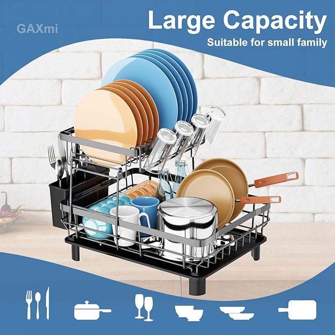 GAXmi Dish Drying Rack Over The Sink Drainer with Drainboard Utensil Holder Cup Holder, 2-Tier Grey