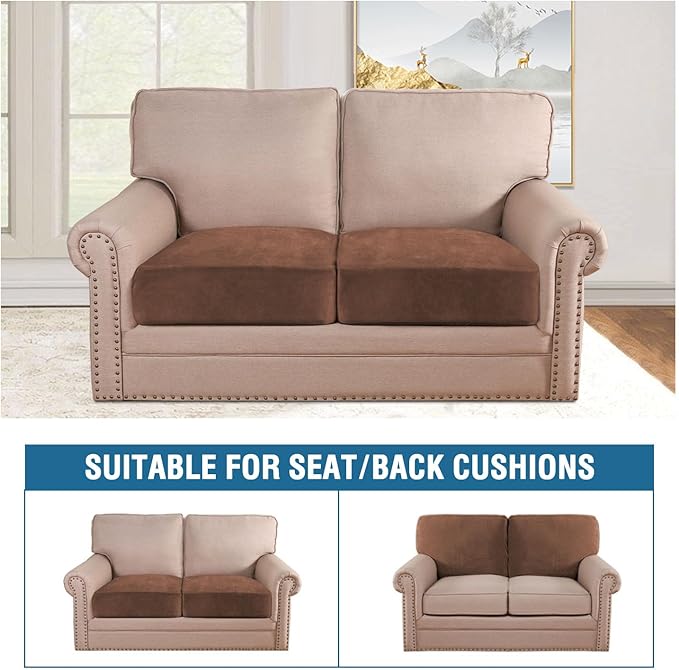 H.VERSAILTEX Velvet Stretch Couch Cushion Cover Plush Cushion Slipcover for Chair Loveseat Sofa Cushion Furniture Protector Seat Cushion Sofa Cover (2 Piece Large Sofa Cushion Covers, Caramel Cafe)