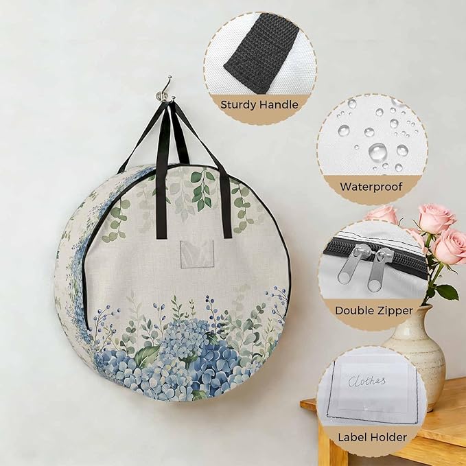 Storage Bag Blue Hydrangea Round Storage Totes Bins Closet Organizers with Zippers & Handle Green Eucalyptus Leaves Linen Clothes Storage Container for Bedroom Dorm Space Saving Packing Supplies Bags