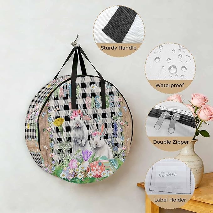 36 Inch Round Storage Bag 1 Pack,Farm Easter Blossom Flowers Bunny Waterproof Wreath Storage Container with Handles&Zipper Black White Buffalo Tartan Closet Organizer Bags Garland Box