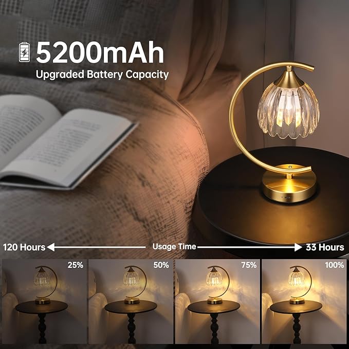 Shenmoyl Tulip Table Lamp, 5200mAh Cordless Touch Control Table Lamp with 3 Color Temps & Stepless Dimming, Rechargeable Battery Table Lamp for Living Room, Bedroom, Office, Shelf (Transparent Tulip)
