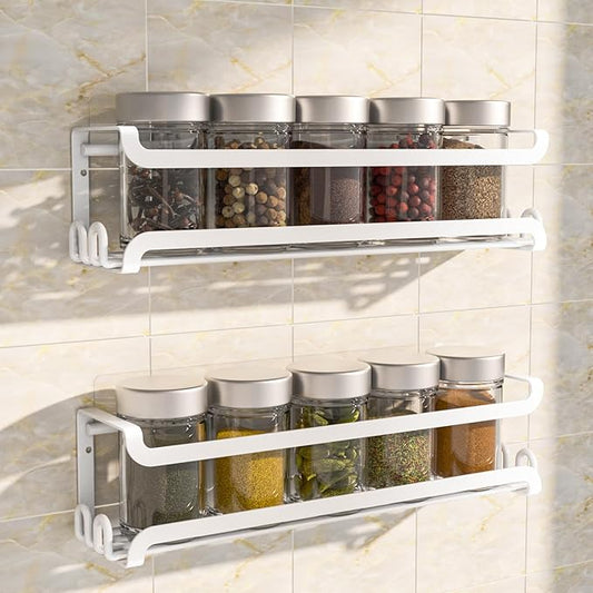 LUCYCAZ 2 Pack Wall Mounted Spice Rack with 8 Hooks, Spice Organizer Shelf for Stove Cabinet Pantry Door,Screw or Adhesive Spice Shelf Hanging Wall Spice Rack in Kitchen and RV (White, 2 PACK)
