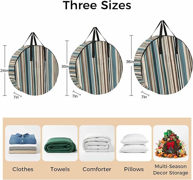 Boho Vertical Stripe Round Storage Bag 36 Inch, Green Beige Simple Lines Clothes Storage Container with Handles Heavy Duty Organizer for Comforter, Bedding & Holiday Wreaths