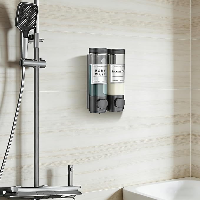 Shampoo and Conditioner Dispenser Bathroom Shower Soap Dispenser Wall Mounted Shampoo Dispenser for Shower Wall No Drill 2 * 300ml Black 2 Chamber with Waterproof Labels