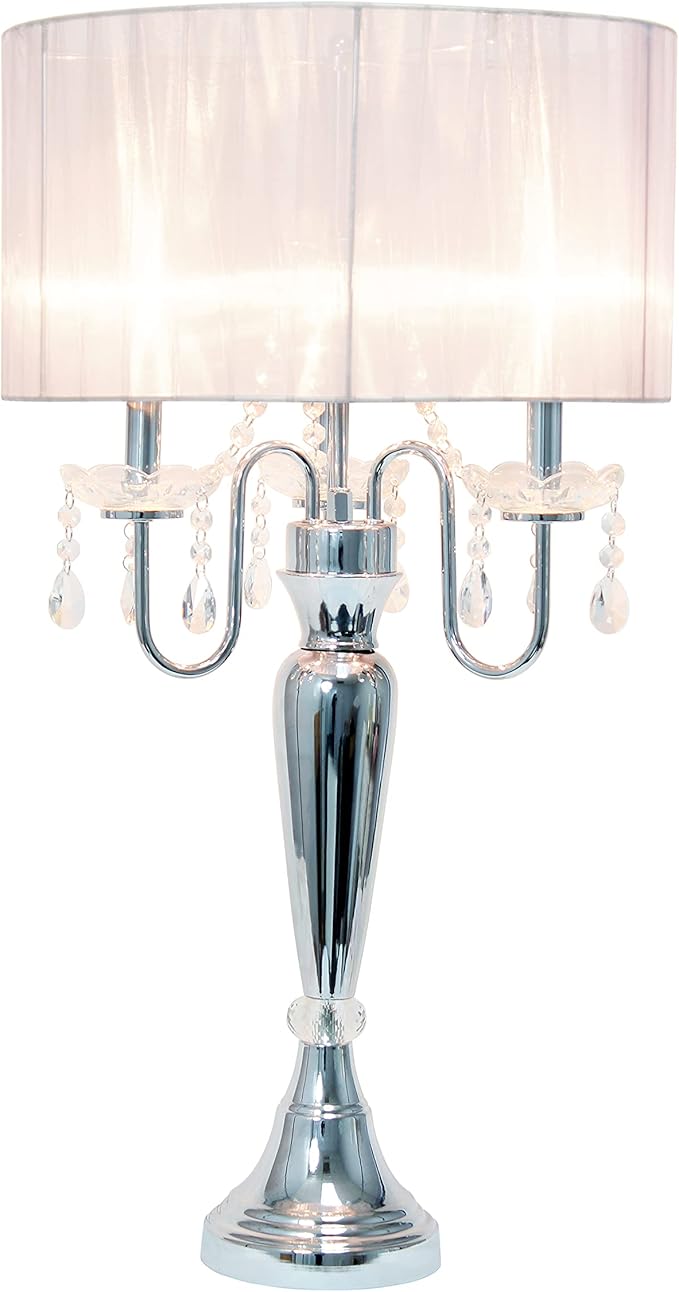 Elegant Designs LT1034-WHT Trendy Sheer Table Lamp with Hanging Crystals and Sheer Shade, White