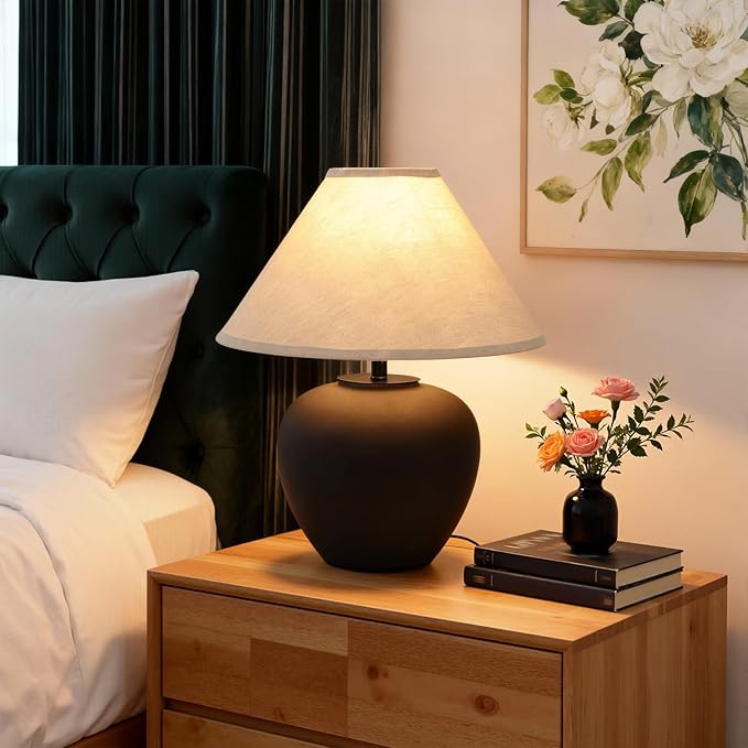 YEPDIN Ceramic Pot Table Lamp 18.5 inch Circular Frosted Nightstand Lamp, Tapered Fabric Shade Bedside, Ceramic Decorative for Living Room Bedroom House Office Entryway, TL1