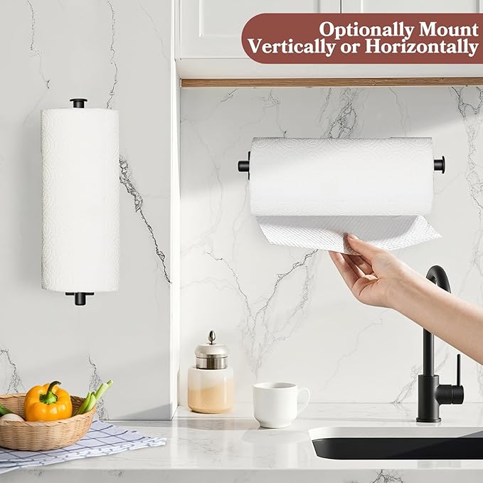 Kitchen Paper Towel Holder - Under Cabinet Stick-on Towel Rack for Hanging Paper - First Apartment Essentials Wall Mount Self Adhesive 304 Stainless Steel Rack Fits for Kitchen, RV, Dark Black
