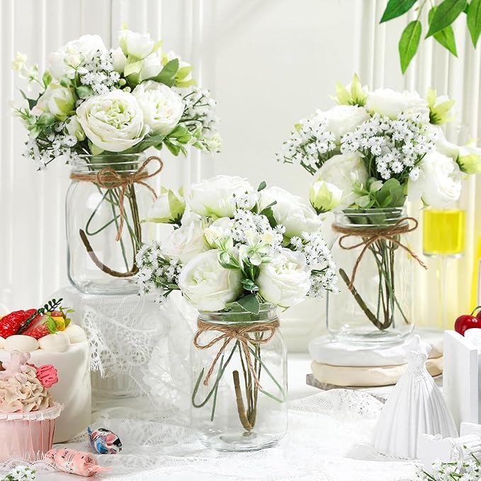 Zeyune 12 Sets Mason Jar Centerpiece Table Decorations, Artificial Peony Baby's Breath Flower Bouquets, Faux Flowers with Vase, Rustic Decor Gifts for Home, Wedding, Holiday (Green)