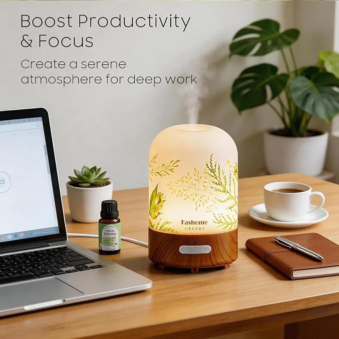 Essential Oil Diffuser, Hand Blown Glass Aromatherapy Diffuser, Ultrasonic Cool Mist Scent Aroma Humidifier, Diffuser Oil Machine Whisper Quiet with Auto Shut-Off for Home Bedroom Office(<25dB)