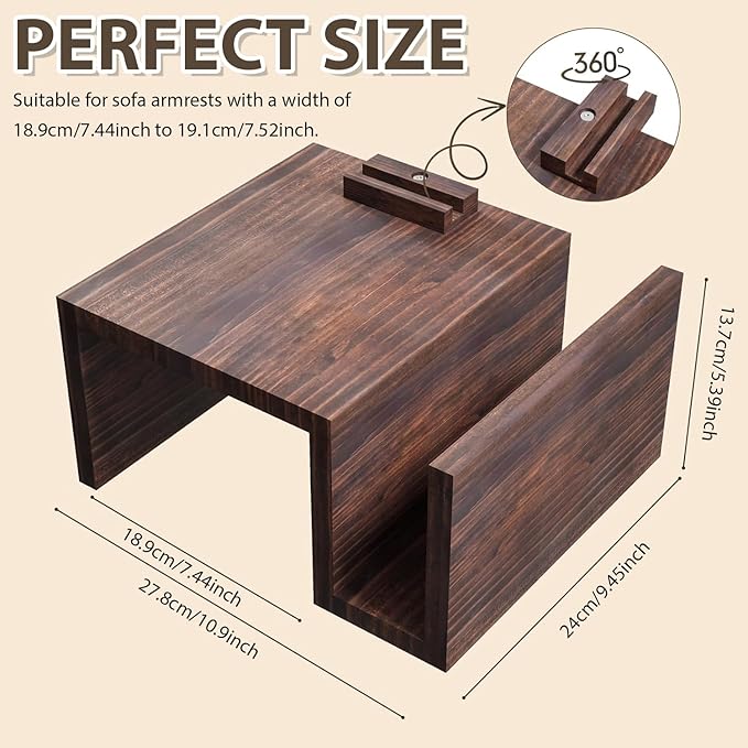 Couch Arm Table Tray with 360° Phone Holder Side Storage Pocket 3 in 1 Couch Armrest Table Wooden Clip-On Sofa Arm Tray Table for Living Room TV Dinners Eating Drinks Snacks (Brown)