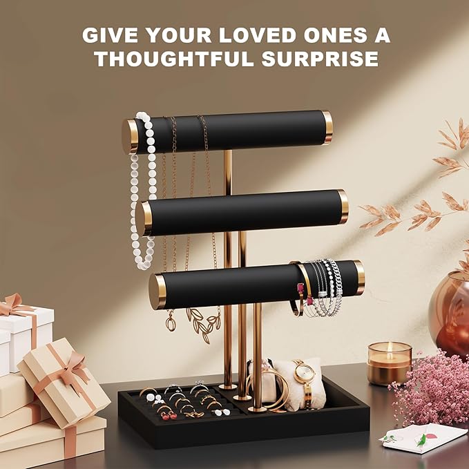 Abiglifty 3 Tier Necklace Holder Display, Jewelry Organizer, Jewelry Stand, Bracelet Display, Necklace Organizer, Bracelet holder, Jewelry Display for Necklace, Watches, Rings, Black