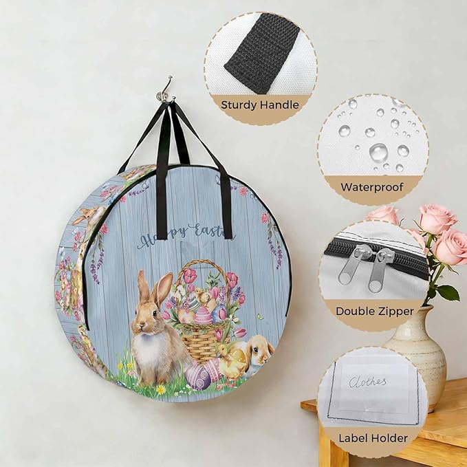 36 Inch Round Storage Bag 2 Pack,Happy Easter Bunny Egg with Basket Waterproof Wreath Storage Container with Handles&Zipper Flower on Farm Blue Wood Grain Closet Organizer Bags Garland Box