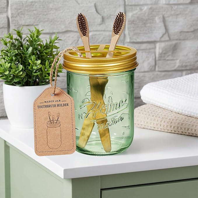 SheeChung Mason Jar Toothbrush Holder, Green Glass Toothbrush Holder for Bathroom Countertop Organizer, Stainless Steel Lid, Electric Toothbrush Toothpaste Holder Storage, Gold Bathroom Accessories