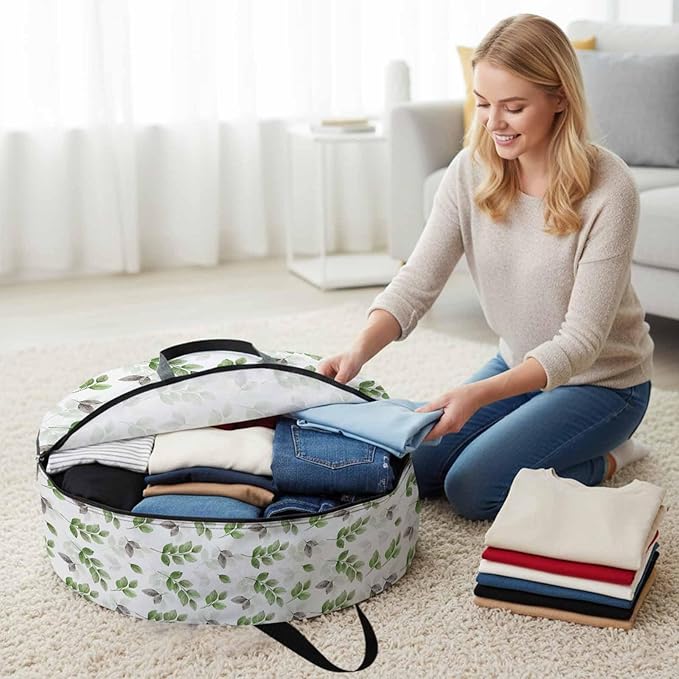 Botanical Country Round Storage Bag 36 Inch, Green Eucalyptus Leaves White Background Clothes Storage Container with Handles Heavy Duty Organizer for Comforter, Bedding & Holiday Wreaths