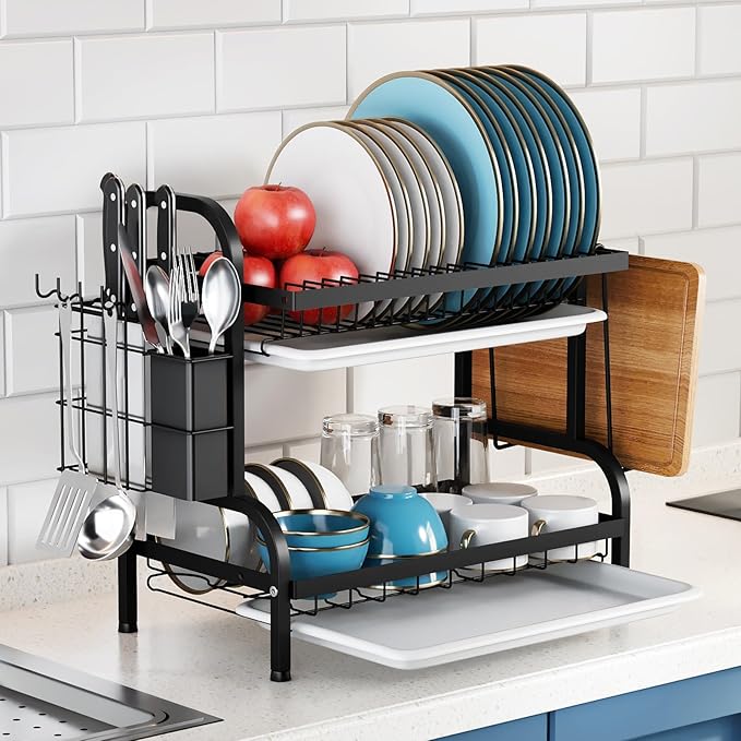 2-Tier Stainless Steel Dish Drying Rack Space Saving Kitchen Organizer for Counter, in-Sink, or Over-Sink Use, Includes Removable Drain Tray, Cutlery Holder,Utensil Holder Black