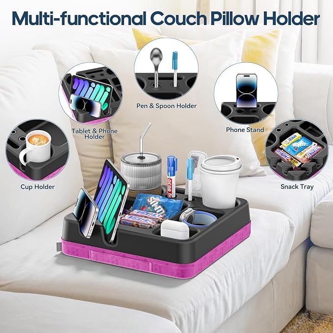 Couch Cup Holder Tray Couch Cup Holder Pillow Bed Tray Snack Sofa Bed Caddy Organizer Beach Sofa Drink Holder Anti-Spill Portable Snack Caddy Couch Remote Holder for Phone Pad Kindle Beverage Purple