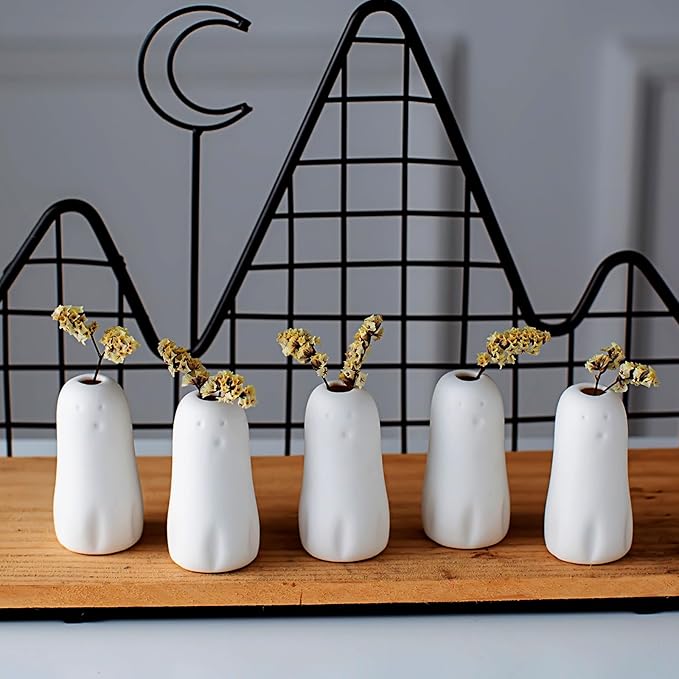 MOUGIGI Set of 5 Cute Ghost Mini Bud Vases for Halloween Decor - Handmade Miniature Ceramic Vases for Small Flowers, Single Stem Flowers - Unique Home Decor, Wedding Party Favor, Birthday Gift