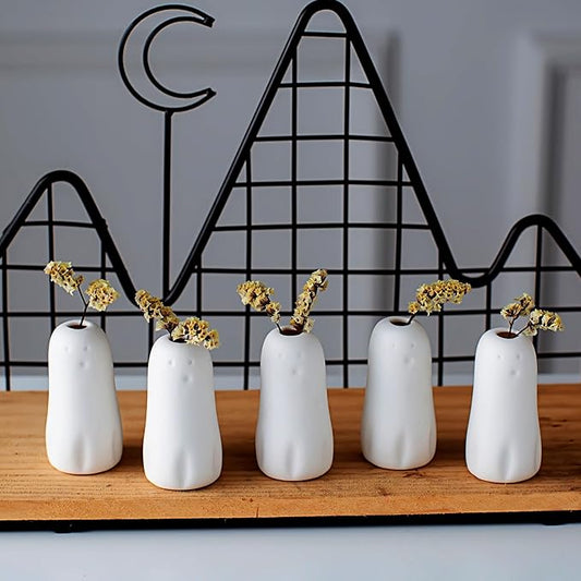 MOUGIGI Set of 5 Cute Ghost Mini Bud Vases for Halloween Decor - Handmade Miniature Ceramic Vases for Small Flowers, Single Stem Flowers - Unique Home Decor, Wedding Party Favor, Birthday Gift
