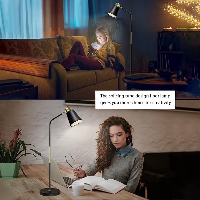 LALISU Floor Lamp, Industrial Floor Lamps for Living Rooms Rustic Farmhouse Reading Standing Floor Lamp Adjustable Metal Heads Indoor Task Lighting for Living Room Bedroom Office Home Décor (Black)