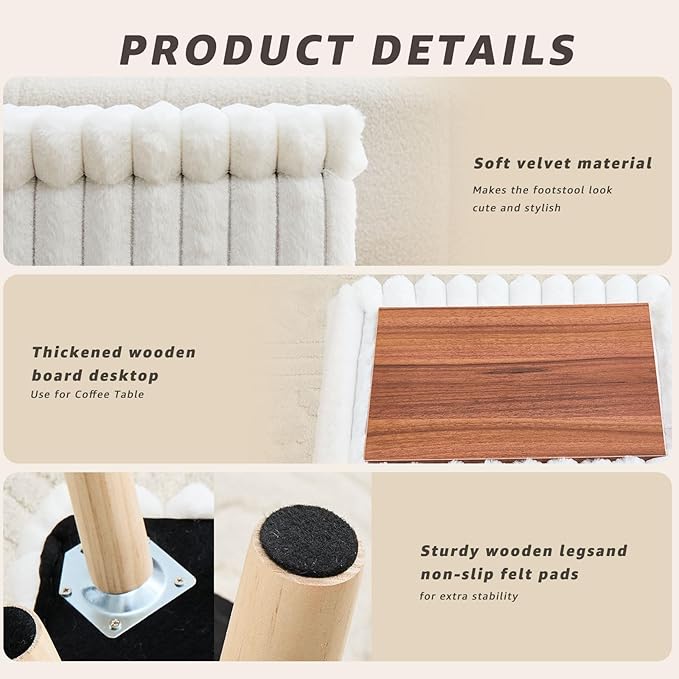 Wimarsbon Storage Ottoman,Soft Faux Fur Footstool with Padded Seat, Small Reading Vanity Chair, Footrest with Wood Tray for Couch, Mini Coffee Table or Display Stand (Cream)