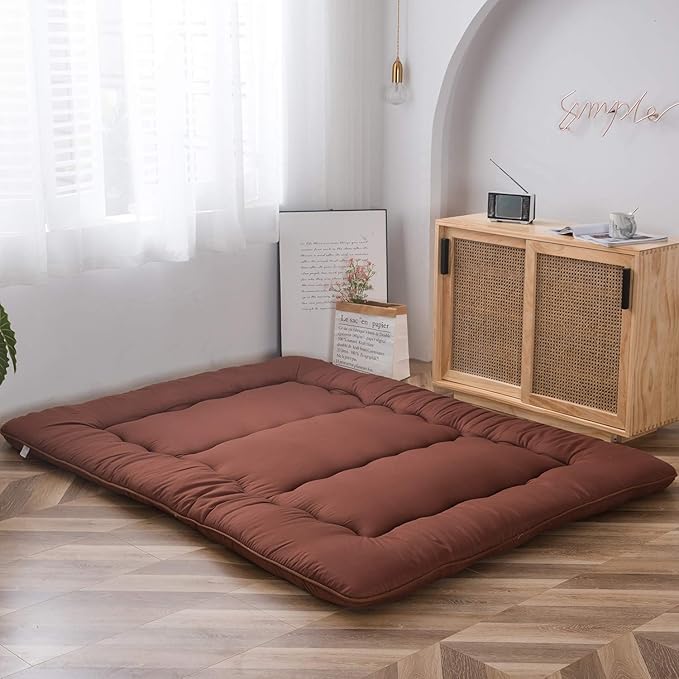 MAXYOYO Japanese Floor Mattress Futon Mattress, Thicken Tatami Mat Sleeping Pad Foldable Roll Up Mattress Boys Girls Dormitory Mattress Pad Floor Lounger Cushion and Sofas, Coffee, Full