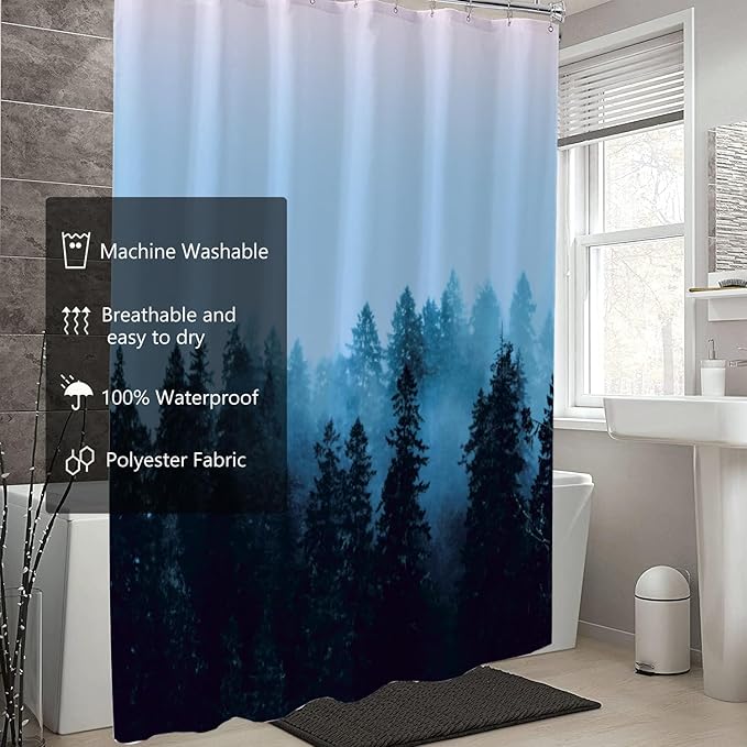 LLSCL Fabric Shower Curtain Liner with Magnets, Blue Forest Waterproof Hotel Quality, 72 x 72 Machine Washable