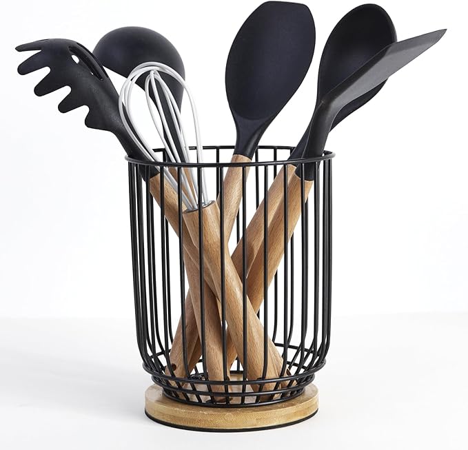 WDT Tool Utensil holder for Kitchen Counter，Large Utensils Holder For Farmhouse Cooking, Utensil Caddy Spatula Holder (Metal+Bamboo-1)