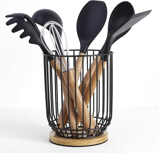 WDT Tool Utensil holder for Kitchen Counter，Large Utensils Holder For Farmhouse Cooking, Utensil Caddy Spatula Holder (Metal+Bamboo-1)