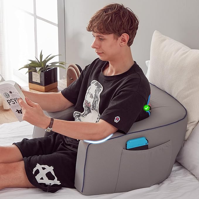 cooloo8 Reading Pillow with Armrests – Extra Large Memory Foam Gaming Pillow for Adult, Lap Desk for Laptop, Arm Rest for Working, Crocheting, Playing Game or Siting in Bed, Floor, Sofa, (Grey)